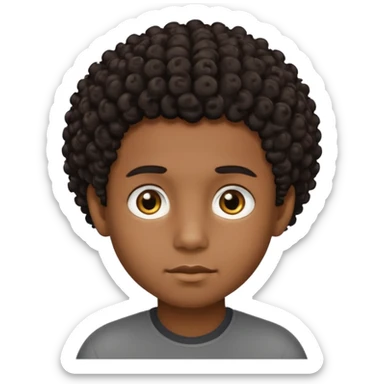 This avatar of black boy has tightly curly dark hair styled upward, a rounded face with golden-brown eyes, and a neutral expression sticker