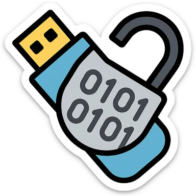 USB drive tilted down-left merged with the body of a broken lock forming a single transparent object in gray and black tones, with clear gray 1s and 0s inside the merged shape sticker