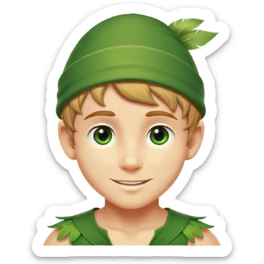 Cinematic Realistic Peter Pan Portrait, depicted with lifelike, youthful skin touched by a gentle sun-kissed glow. His bright, expressive eyes and confident smile evoke a timeless sense of wonder. Dressed in his iconic green tunic and feathered cap, every detail is rendered with soft, natural lighting that highlights his blend of innocence and courageous spirit. sticker