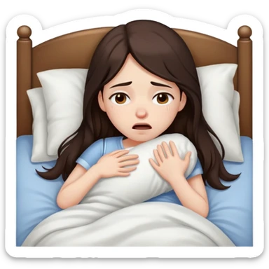 girl with long dark brown hair brown eyes and pale skin crying in bed tired sick sticker