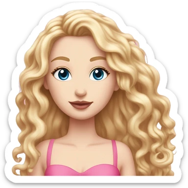 White girl 🧝🏻‍♀️, blue eyes, blond very long curly hair, pink lips, pink sexy dress. Background long sticker
