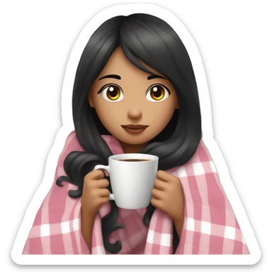 A cute black hair girl wrapped in pastel pink plaid blanket drinking coffee sticker