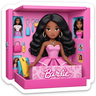  beautiful black women is inside barbie doll box with thick black hair with doll accessories on the side sticker