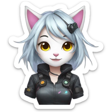 Anime cat gamer girl cyberpunk, happy face sticker