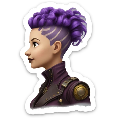 Photorealistic steampunk profile short mohawk purple wavy  on Caucasian girl with small nose round face sticker