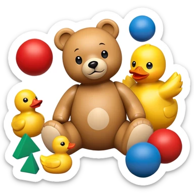 colorful children's toys scattered - teddy bear, yellow duck, wooden blocks, red ball, superhero figure sticker