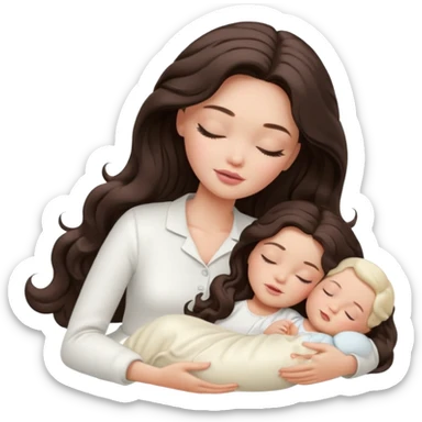 White Barbie girl dark brown long wavy hair in white clothes sleeping with white baby at cream bed, eyes are closed sticker