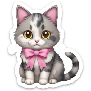Sitting Dilute grey calico cat with pink ribbon sticker