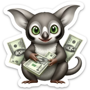 Black and white Flying lemur with big ears and green eyes named momo with money sticker