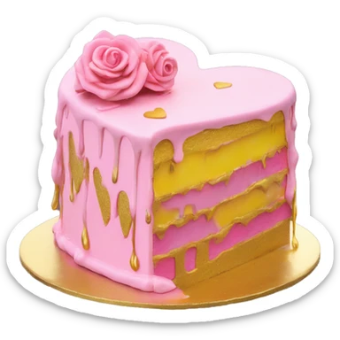 Realistic pink and yellow heart shaped layered cake with metallic gold icing dripping down the cake. sticker