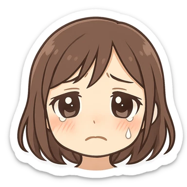 sad anime-style girl emoji with glossy eyes and a single tear on her cheek, pink cheeks, pastel blue-gray background with subtle sparkles, soft crying, emotional, sensitive style sticker