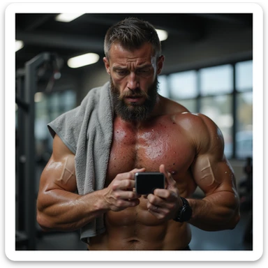 hyperrealistic 4K image of a muscular man in his 30s, mid-cardio, clutching heart rate monitor, face red, sweat everywhere, gym towel soaked, eyes wide with anxiety and stress, gym environment sticker