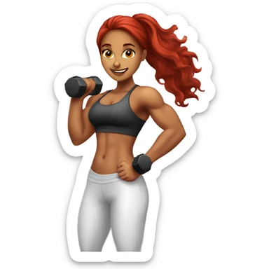Very fit Latina girl with long red hair holding dumbbells at the gym with abs of steel sticker