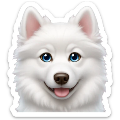 white pomsky puppy with pink ears and one brown eye, one parti blue eye sticker