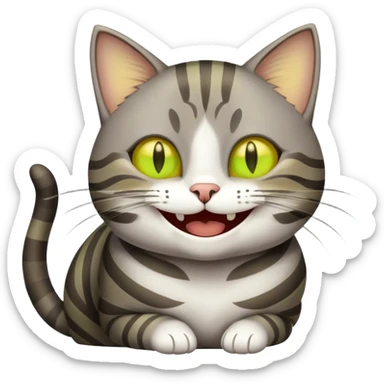 A gray-brown striped cat with yellow-green eyes laughs  sticker