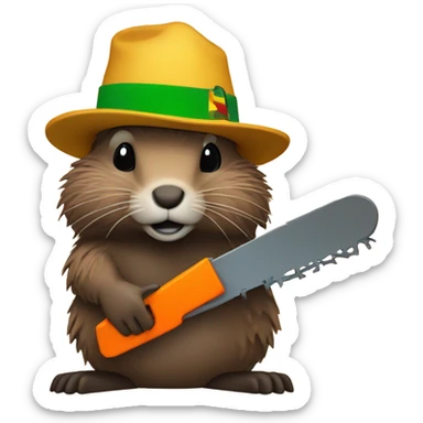 Woodchuck in rasta hat with dreads holding chain saw sticker