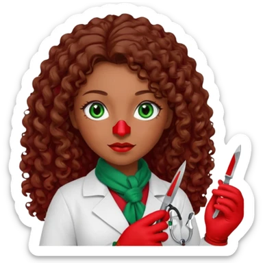Lilith scalpel in hand, evil surgeon sexy surgeon clothes.  She has green  eyes. She brown long curly hair. Wears sexy doctor outfit with red gloves. Outfit is also red. hair is free and brown. Hides face by using a red scarf sticker
