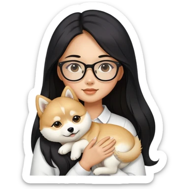 A beautiful girl with long black hair and glasses is holding a long-haired white Shiba Inu puppy sticker