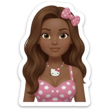 dark brown skin, long brown hair, big chest, hello kitty necklace, one bow clip, pink and white polkadot tops sticker
