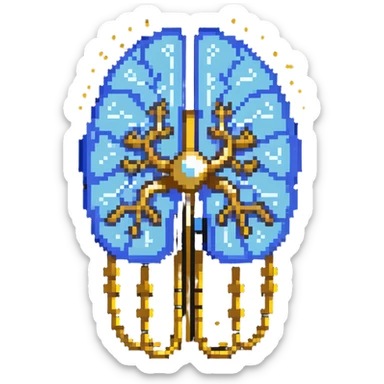 Pixel art of a pearlescent blue capsule floating in front of a brain with golden pixel pulses forming neural connections. A small liver icon nearby, all rotating in a pixelated aura of mental focus sticker