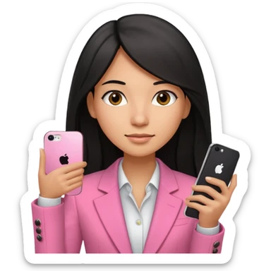 light brown girl with long black hair, dressed in a pink blazer and an iPhone 15 cell phone in her hand sticker