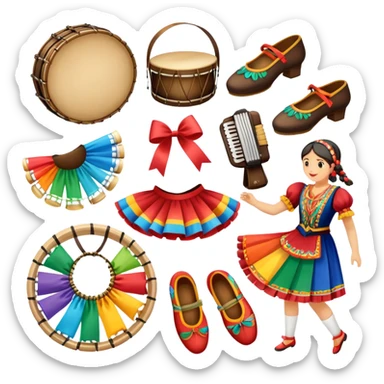 Icon for Folk Dance: close-up traditional dance shoes, colorful folk costumes, and a dance circle with ribbons and musical instruments like a tambourine or accordion. The icon should represent the vibrant and cultural aspects of folk dancing. Transparent background. sticker