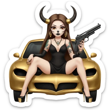Sensual woman long brown straight haired sexy drug lord woman with tattoos on arm sleeves and black thick butt platform high heels on her feet, and devil black horns on her head, she is holding a skull head and a gun. Sitting on gold car full of gold , long black dress with sexy slit sticker