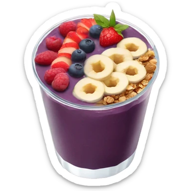 Açaí in a clear cup with layers of fruits and granola and condensed milk sticker