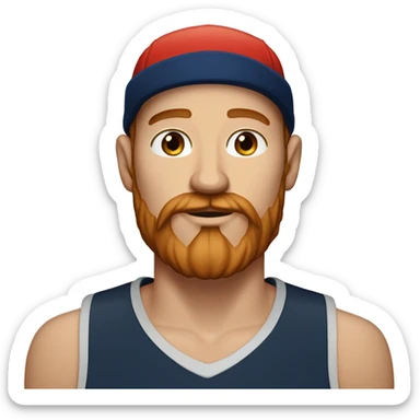 35 years old, male, red hair, black basketball hat, blue eyes, pale complexion, thick beard and thin mustache sticker