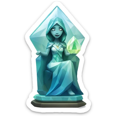 crystal sculpture oracle priestess with a geometric faceted design with disney features. Oracle of delphi is sparkling and standing upright on a base with angular and flower features. The blues neutrals and greens highlights the sharp edges and planes.  sticker