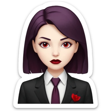 {
      "type": "human",
      "look": "femal modern vampire, slick hairstyle, dark suit, loosened tie",
      "description": "a modern vampire with a slick hairstyle in a dark suit and loosened tie"
    } sticker