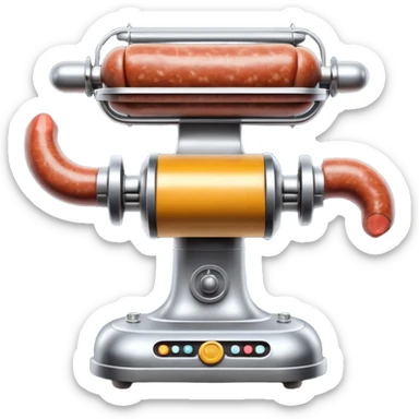 sausage-processing droid. retro-futuristic style. top is a circular industrial meat grinder with rotating gears and blades. Two robotic arms feed material into grinder. Sausage links extrude from the rear like  factory. The body is metallic, compact, and floats above the ground.no legs. Dark humor sticker