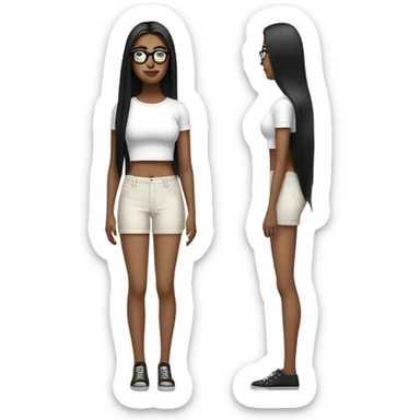 White girl with long straight black hair wearing a white crop top and glasses full body sticker