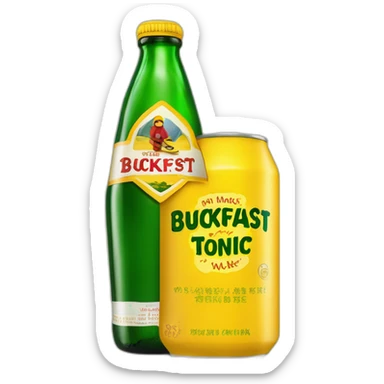 Man skiing over a giant green bottle of buckfast tonic wine with slogan made my monks makes you drunk fast on a yellow label on the bottle sticker