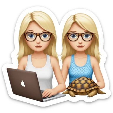 long blonde hair woman blue eyes with tortoise shell print glasses wearing white tank top on mac book with a white crocodile patterns laptop case  sticker