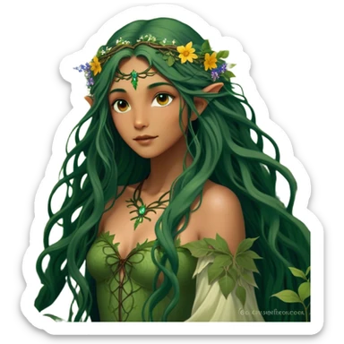 Cinematic Realistic Forest Fairy Portrait, depicted with lifelike, sun-kissed tanned skin that radiates an earthy glow, softly illuminated by natural, dappled light. Her long, flowing dark green hair is intricately detailed and interwoven with delicate vines and wildflowers, while her deep, soulful eyes mirror the wisdom of the forest. Dressed in an attire inspired by nature’s palette—with subtle botanical motifs—the portrait exudes a soft, enchanted glow that melds realism with woodland magic showing her large butterfly wings from her back. sticker
