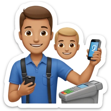 Draw a male tourist who pointed his phone to scan a QR code at a POS terminal. In the style of an Apple emoji sticker