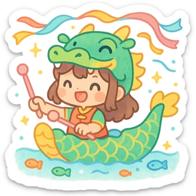 A chibi girl dressed as a dragon boat drummer, holding soft pastel drumsticks, standing in a fluffy dragon boat, colorful festival ribbons flying, sparkles and cute mini fish swimming below, soft pastel colors, watercolor texture, transparent background sticker