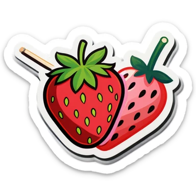 Strawberry with a toothpick next to the strawberry sticker