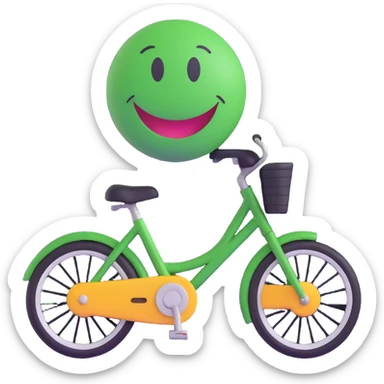 3D smiley emoji, round shape, grandfather riding a bicycle, green color, smiling face sticker