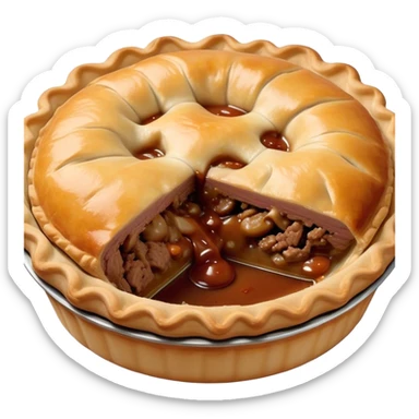 Cinematic Realistic Meat Pie Dish Emoji, showcasing a flaky pastry filled with rich, hearty meat gravy, rendered with lifelike detail and warm, inviting lighting. sticker