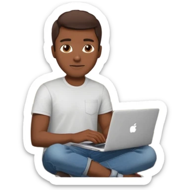 Homme développeur de teint noir, assis dans un coin cosy de son salon un week-end, ordinateur portable ouvert affichant du code. Lumière naturelle douce, ambiance calme. Habillé simplement (t-shirt clair, jean ou short), tasse de café/thé à côté. sticker