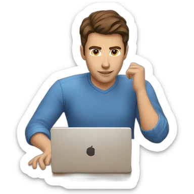 a man with brown hair, brown eyes, and a blue shirt. He is typing a message on his laptop sticker