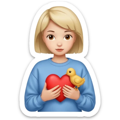 una niña con el pelo corto, con la sudadera de forma de pollito sujetando un corazón sticker