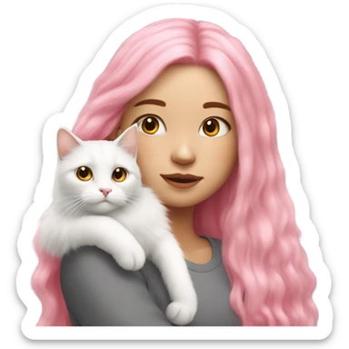 A girl with long pink hair and a white fluffy cat is lying on her left shoulder and neck sticker