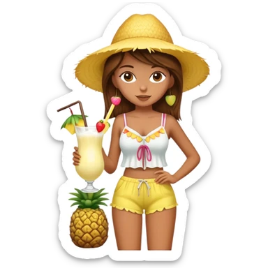 Full body of a very tan skinned girl with brown hair wearing a summer outfit sipping a piña colada sticker