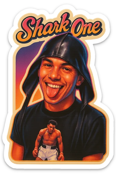 Make him Smiling with tongue sticking out
Add the words Shark One sticker