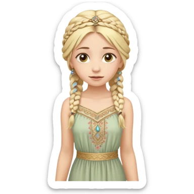 
mujer, Joven, de aspecto dulce y elegante.
Piel clara, ojos grandes y expresivos, sonrisa triste.
Rubio o castaño claro, largo, con trenzas o velo.
Vestido largo hasta los pies de tonos suaves (blanco, azul o lavanda), con bordados dorados; toca fina cubriendo la cabeza. sticker