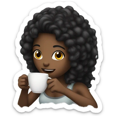 Black hair girl drinking coffee and the cup have clouds  sticker