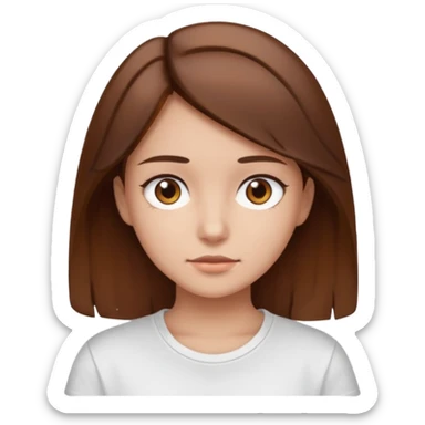 A Girl with Brown hair and Brown eyes with a t-shirt White. The t-shirt have un  sticker